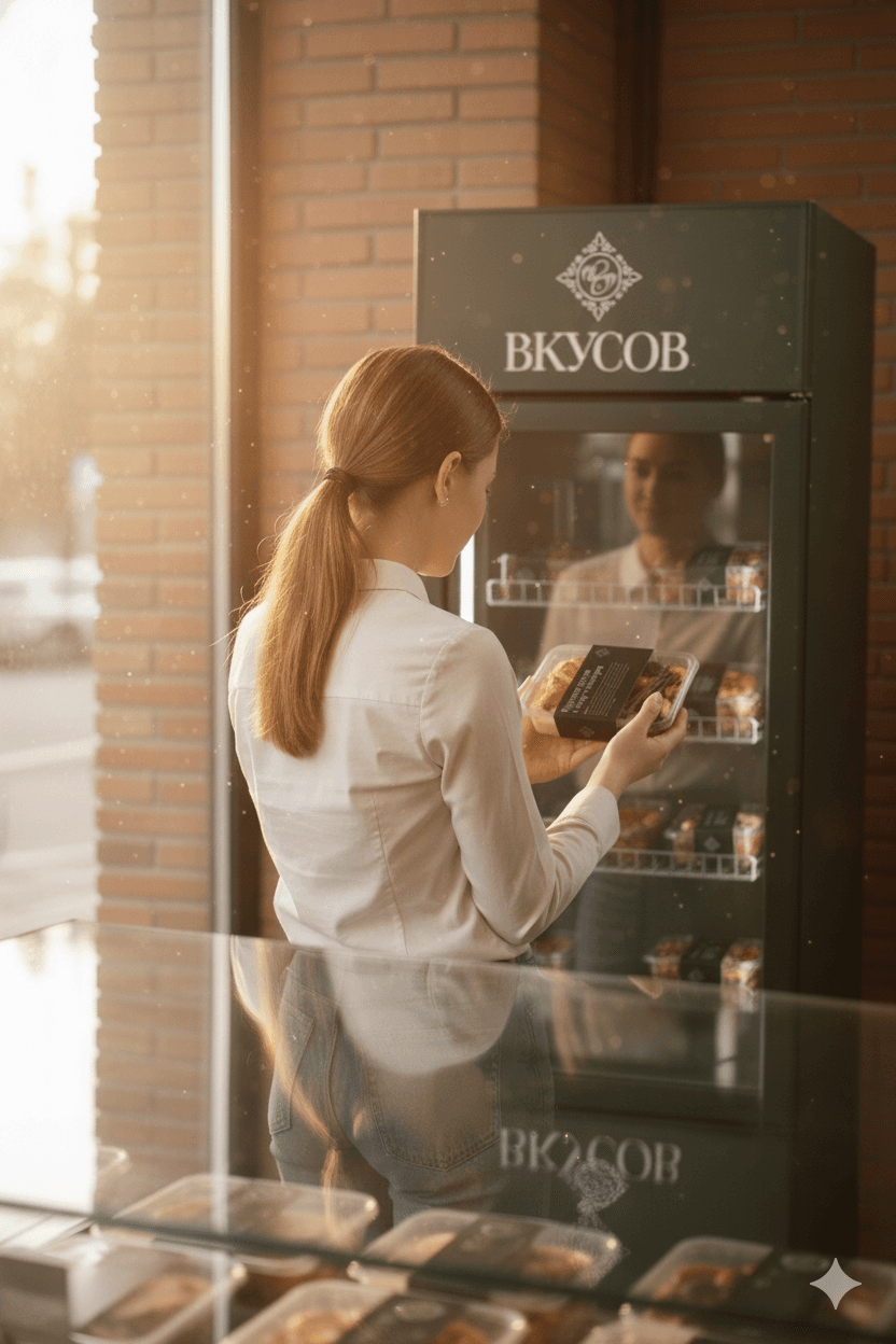 Покупатель выбирает блюдо у островка Вкусов